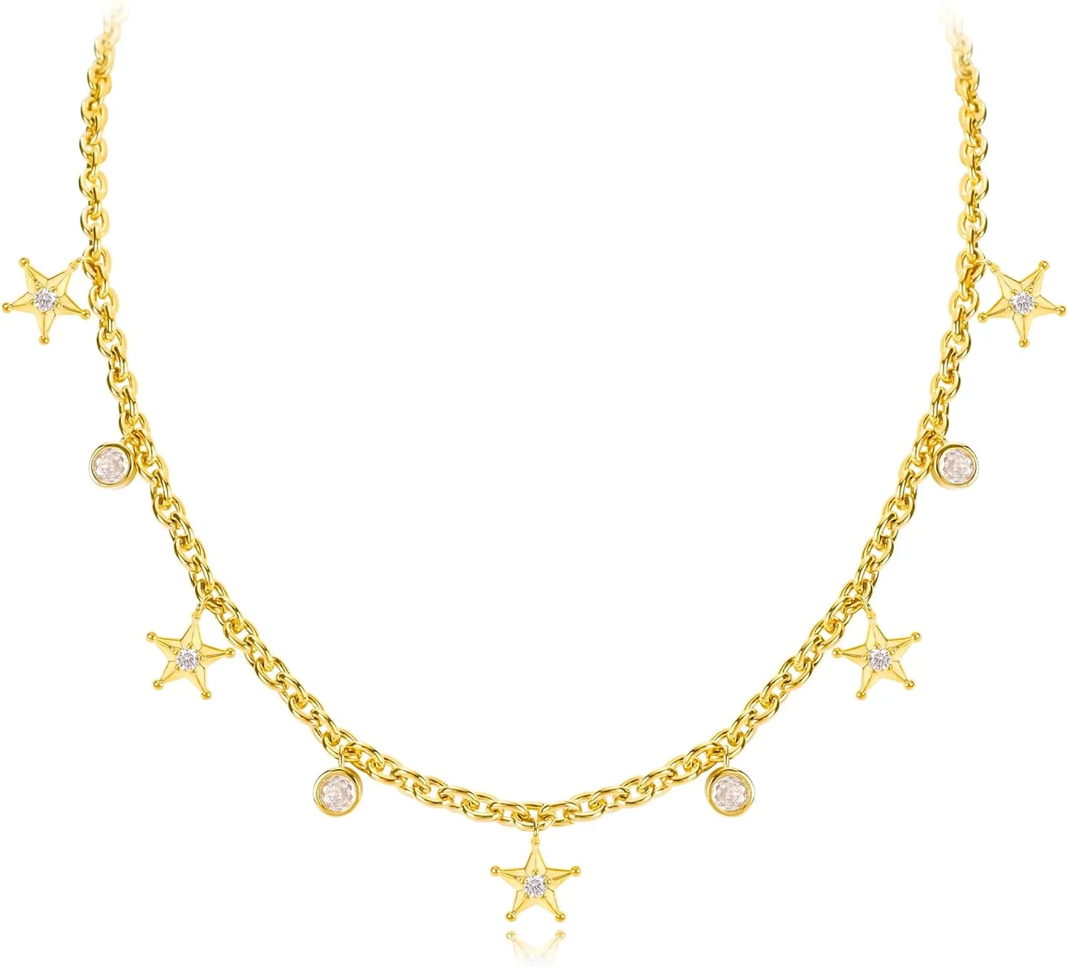 Gold Charm Necklace for Women 14K Gold Plated Dainty Round Cubic Zirconia Charm Choker Necklace Cute Star Love Heart Shell Daisy Cross Pendant Necklace Adjustable Trendy Party Jewelry Gift for Women