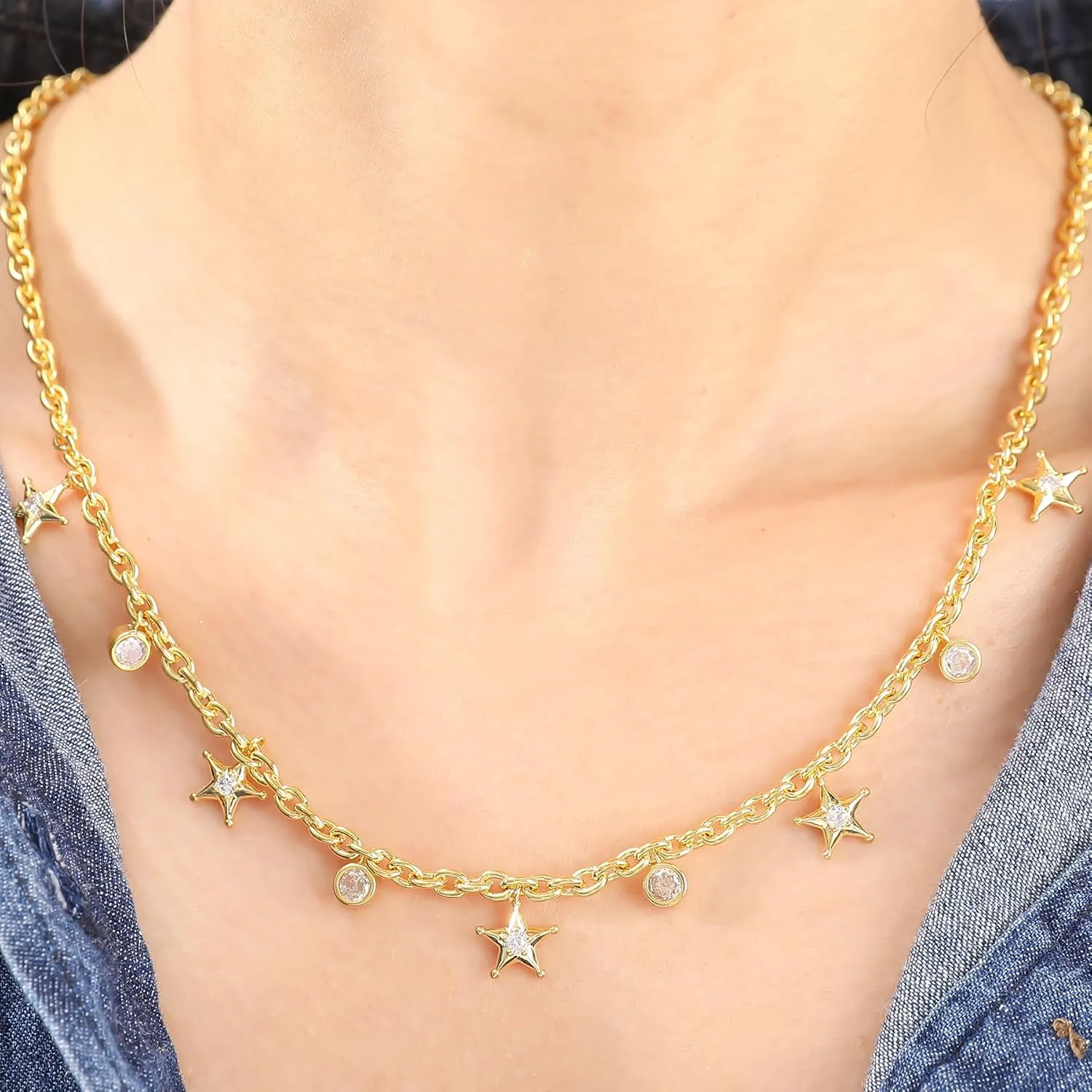 Gold Charm Necklace for Women 14K Gold Plated Dainty Round Cubic Zirconia Charm Choker Necklace Cute Star Love Heart Shell Daisy Cross Pendant Necklace Adjustable Trendy Party Jewelry Gift for Women