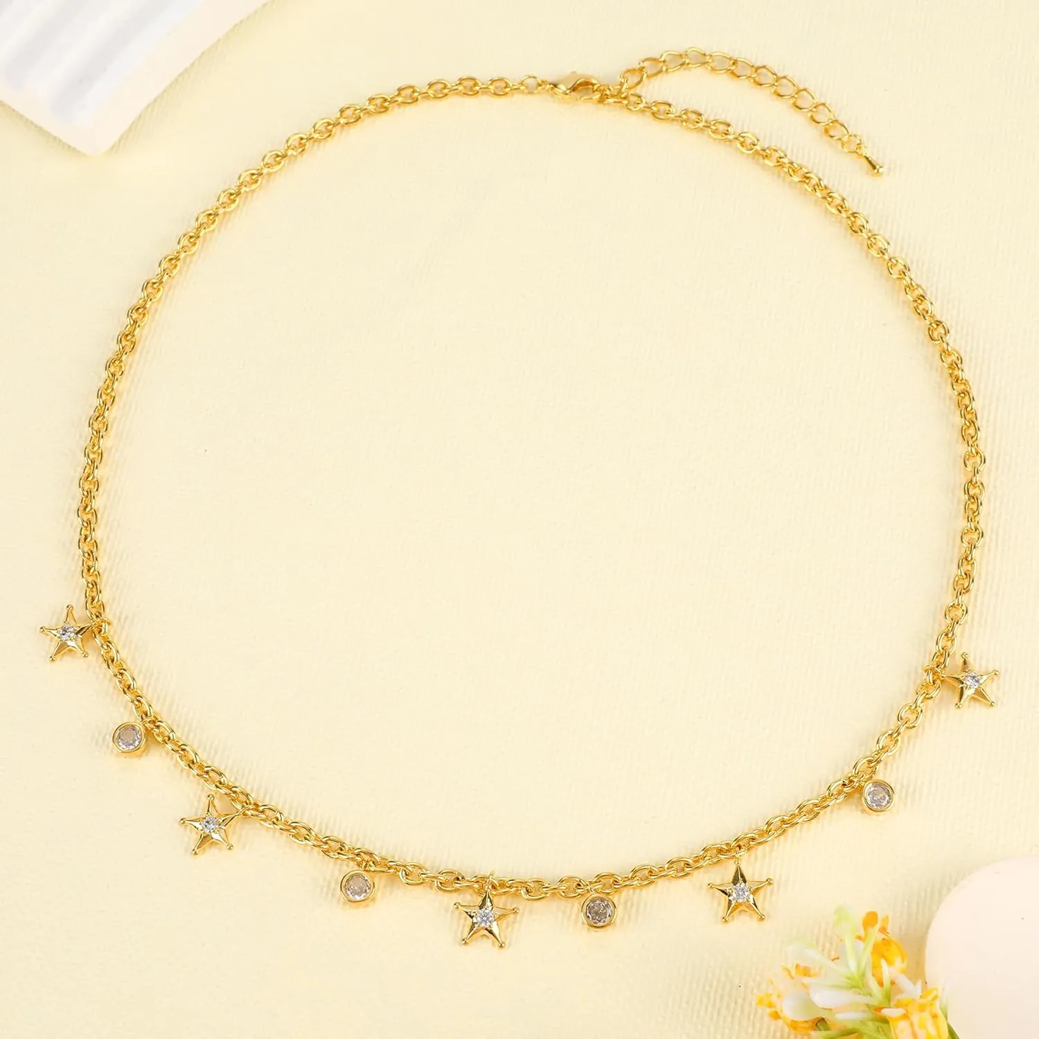 Gold Charm Necklace for Women 14K Gold Plated Dainty Round Cubic Zirconia Charm Choker Necklace Cute Star Love Heart Shell Daisy Cross Pendant Necklace Adjustable Trendy Party Jewelry Gift for Women