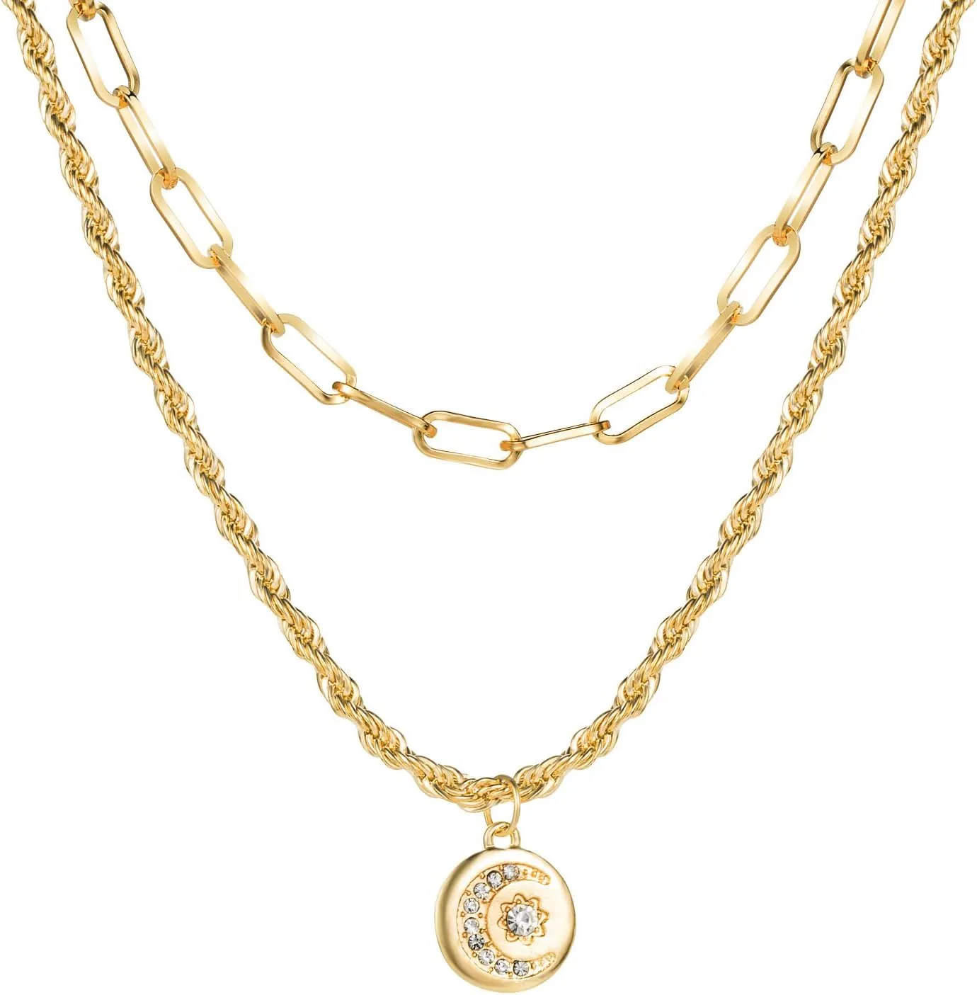 Gold Moon Star Necklace for Women Stackable Celestial Jewelry Cosmic Necklaces Pack with Paperclip Chain Bracelets
