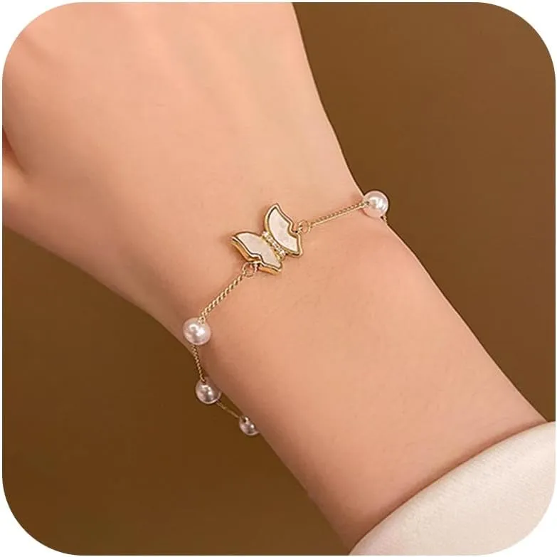 Gold Pearl Bracelet for Women Gold Stack Bracelets Chunky Gold Paperclip Chain Herringbone Link Chain Bracelet Gold Charm Bracelet Jewelry for Women Trendy Stocking Stuffers