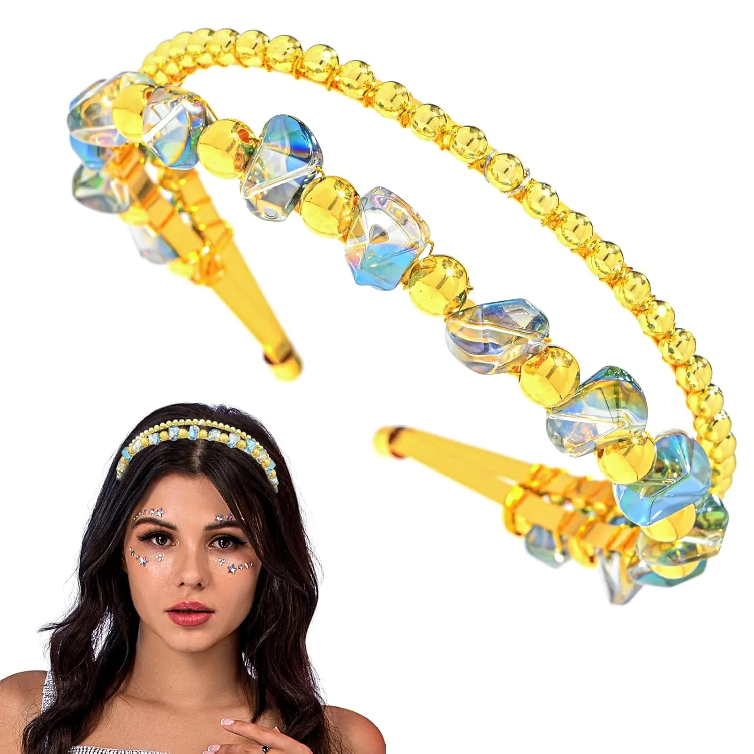 Gold Rhinestone Headband Glitter Hairband Beads Sparkly Headbands Double Layer Party Hair Accessory for Women