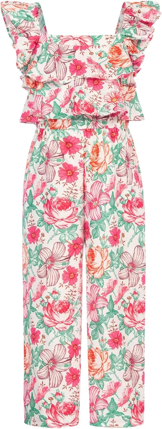 GRACE KARIN Girls Floral Jumpsuit Flutter Sleeve Square Neck Wide Leg Rompers