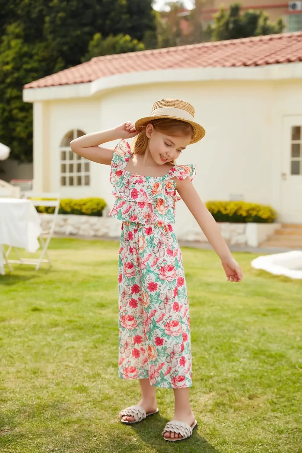 GRACE KARIN Girls Floral Jumpsuit Flutter Sleeve Square Neck Wide Leg Rompers