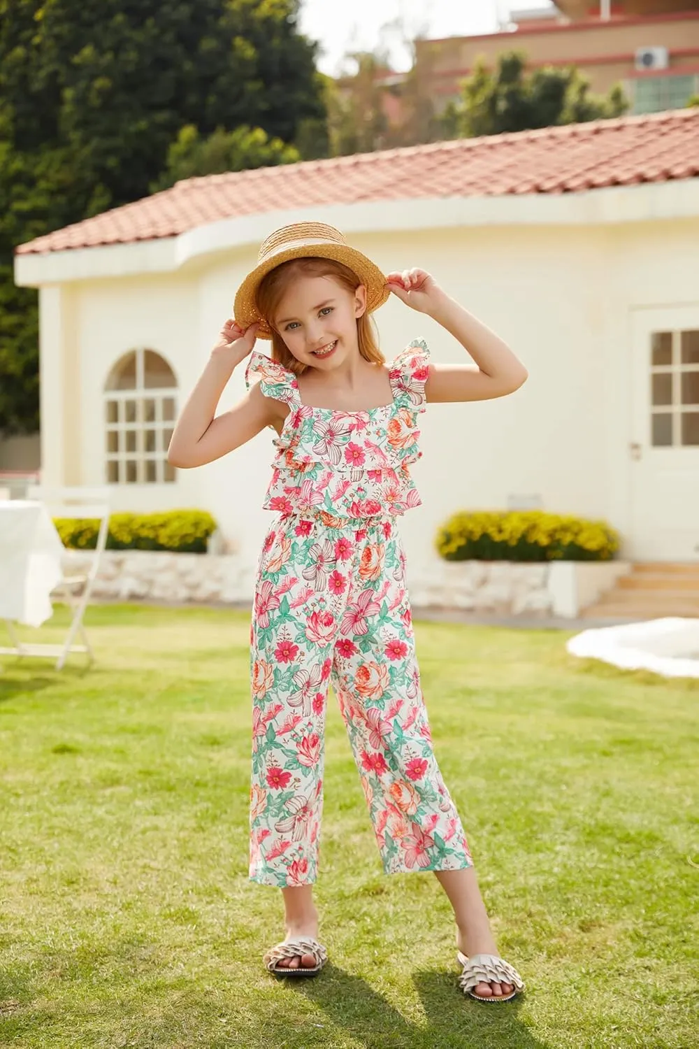 GRACE KARIN Girls Floral Jumpsuit Flutter Sleeve Square Neck Wide Leg Rompers