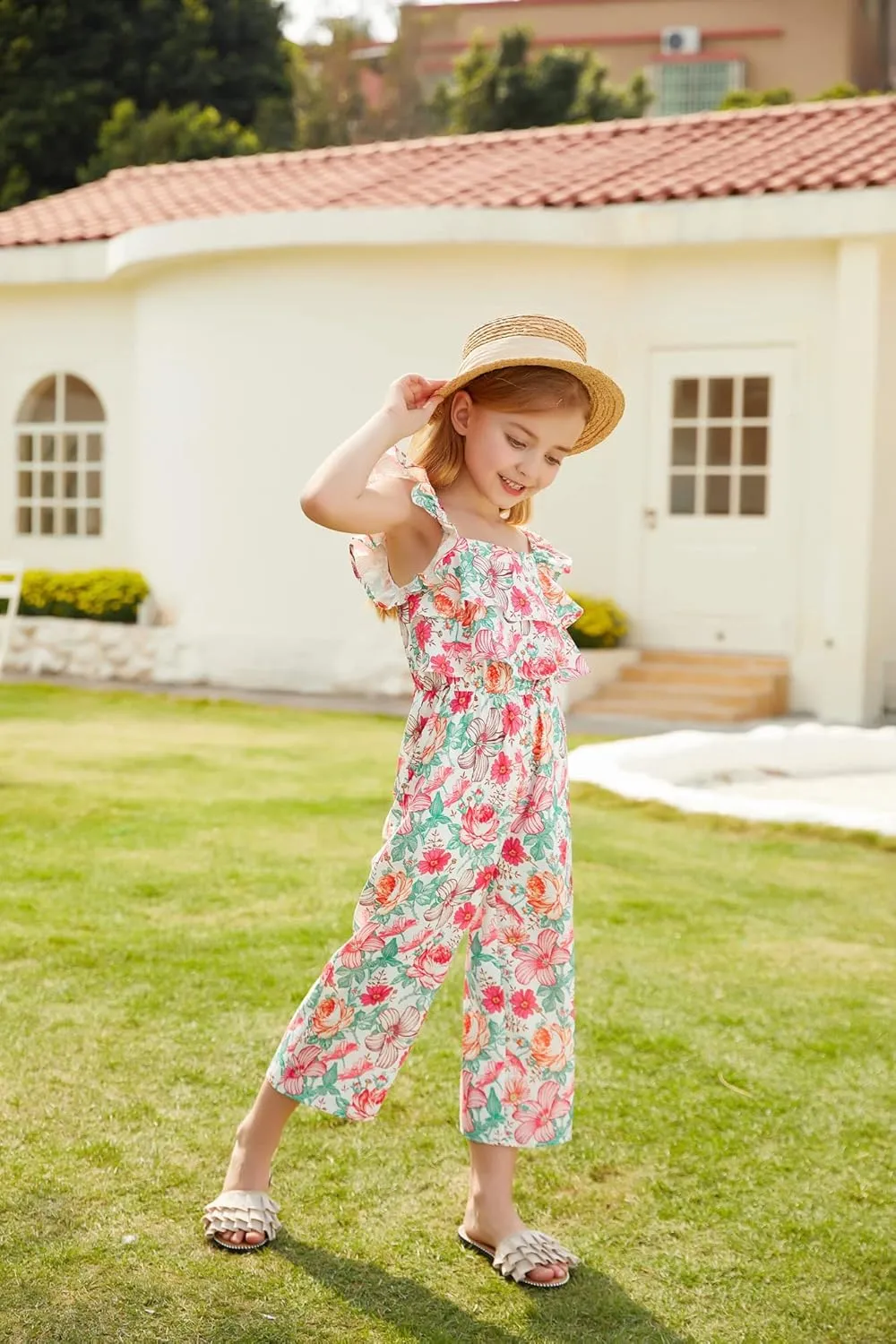 GRACE KARIN Girls Floral Jumpsuit Flutter Sleeve Square Neck Wide Leg Rompers