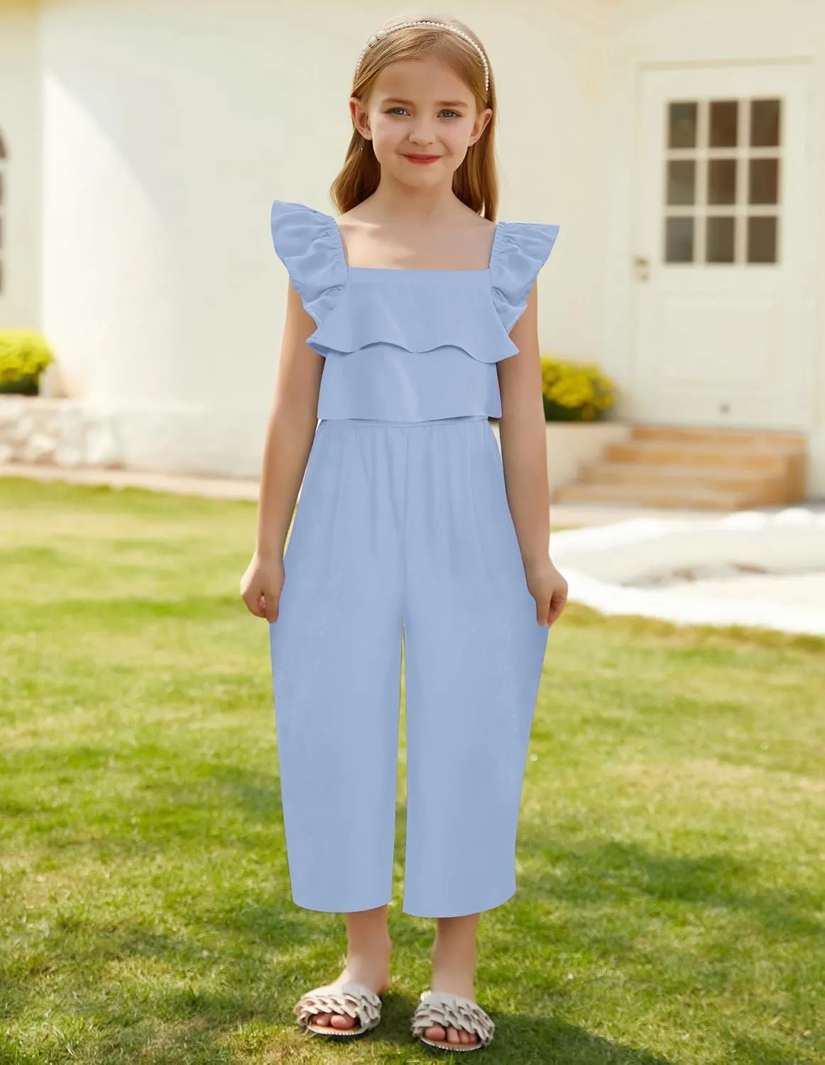 GRACE KARIN Girls Floral Jumpsuit Flutter Sleeve Square Neck Wide Leg Rompers