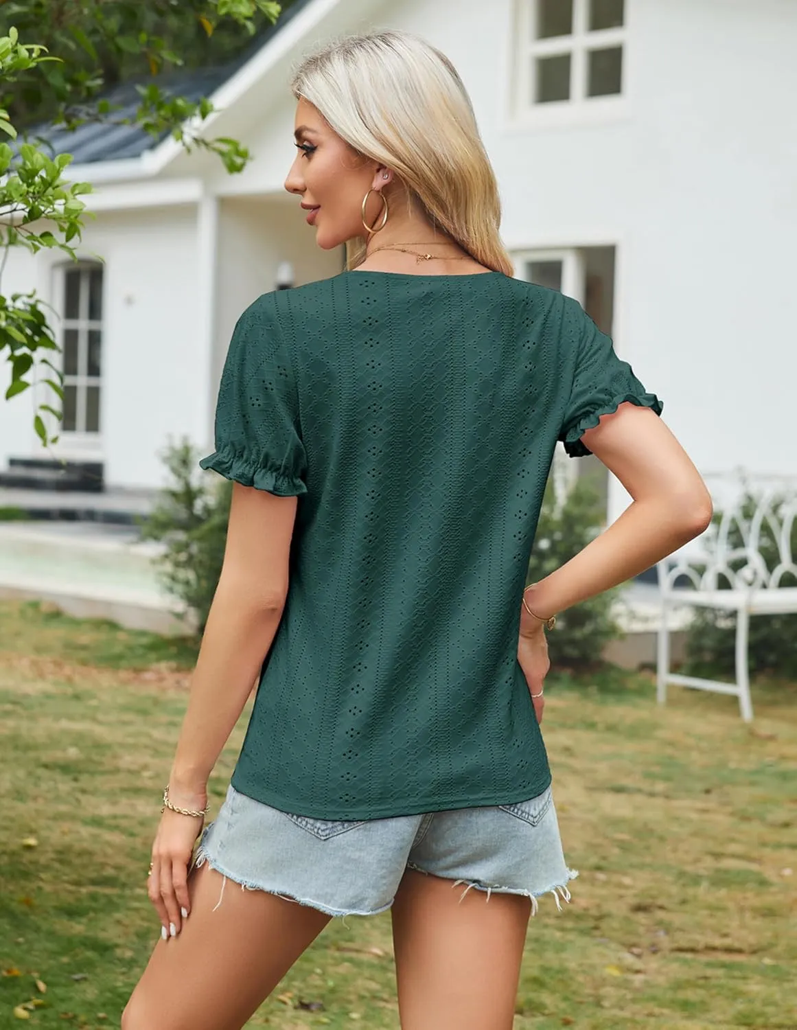 GRACE KARIN Women's 2025 Summer Tops Short Sleeve V Neck Basic T Shirts Dressy Casual Tie Front Tops Eyelet Blouses Tunic
