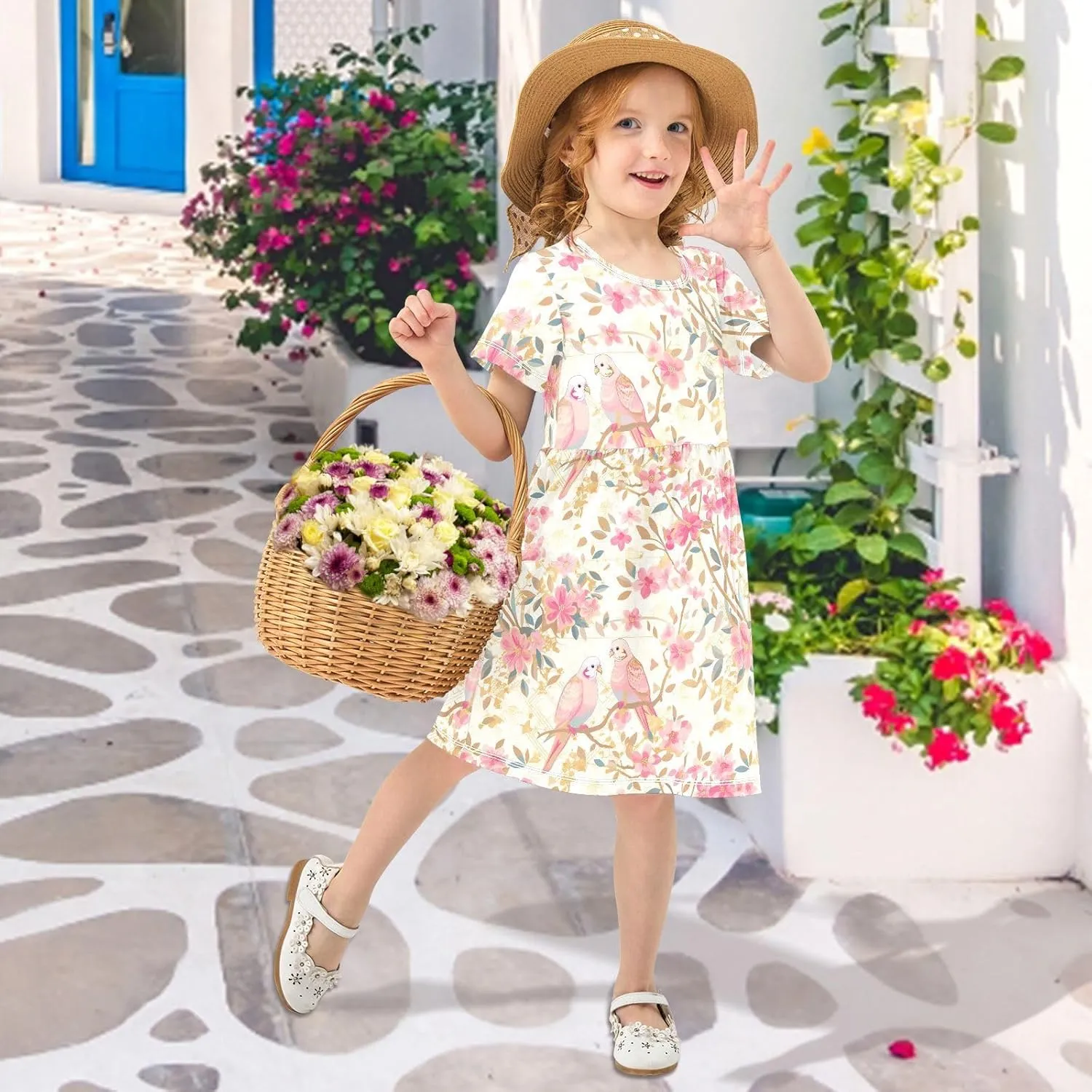 Gradient Pink Gold Birds Girls Princess Dress Short Sleeve Fashion Ruffle Dresses for Toddler Girls