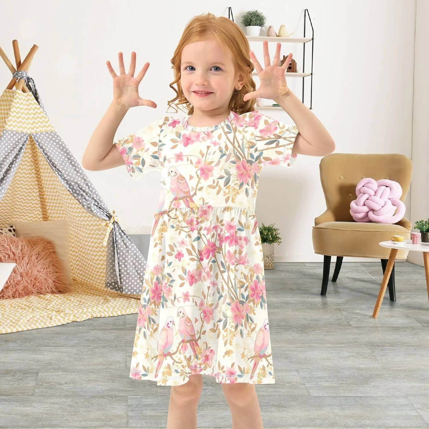 Gradient Pink Gold Birds Girls Princess Dress Short Sleeve Fashion Ruffle Dresses for Toddler Girls