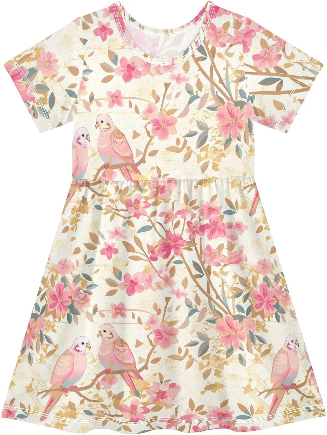 Gradient Pink Gold Birds Girls Princess Dress Short Sleeve Fashion Ruffle Dresses for Toddler Girls