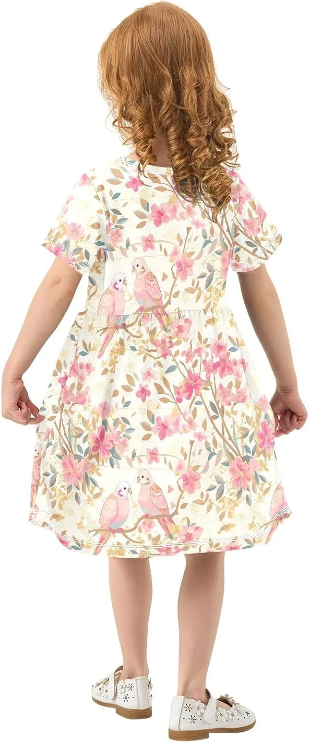 Gradient Pink Gold Birds Girls Princess Dress Short Sleeve Fashion Ruffle Dresses for Toddler Girls