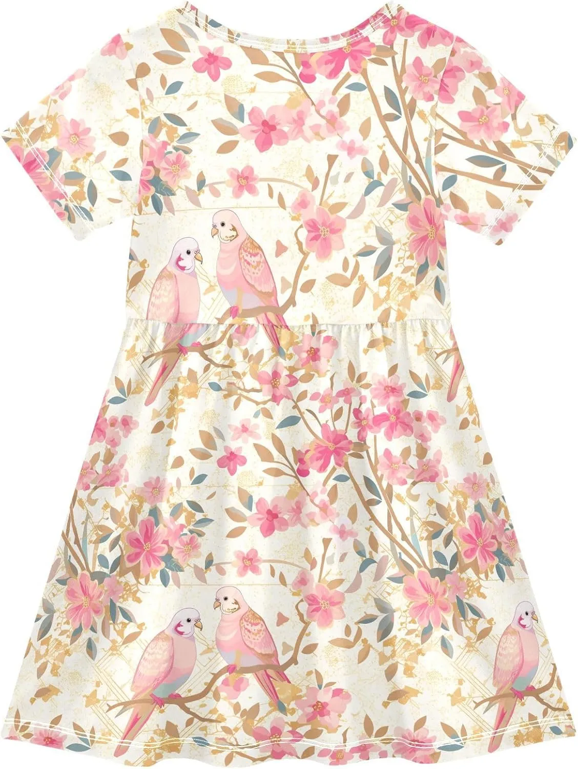 Gradient Pink Gold Birds Girls Princess Dress Short Sleeve Fashion Ruffle Dresses for Toddler Girls