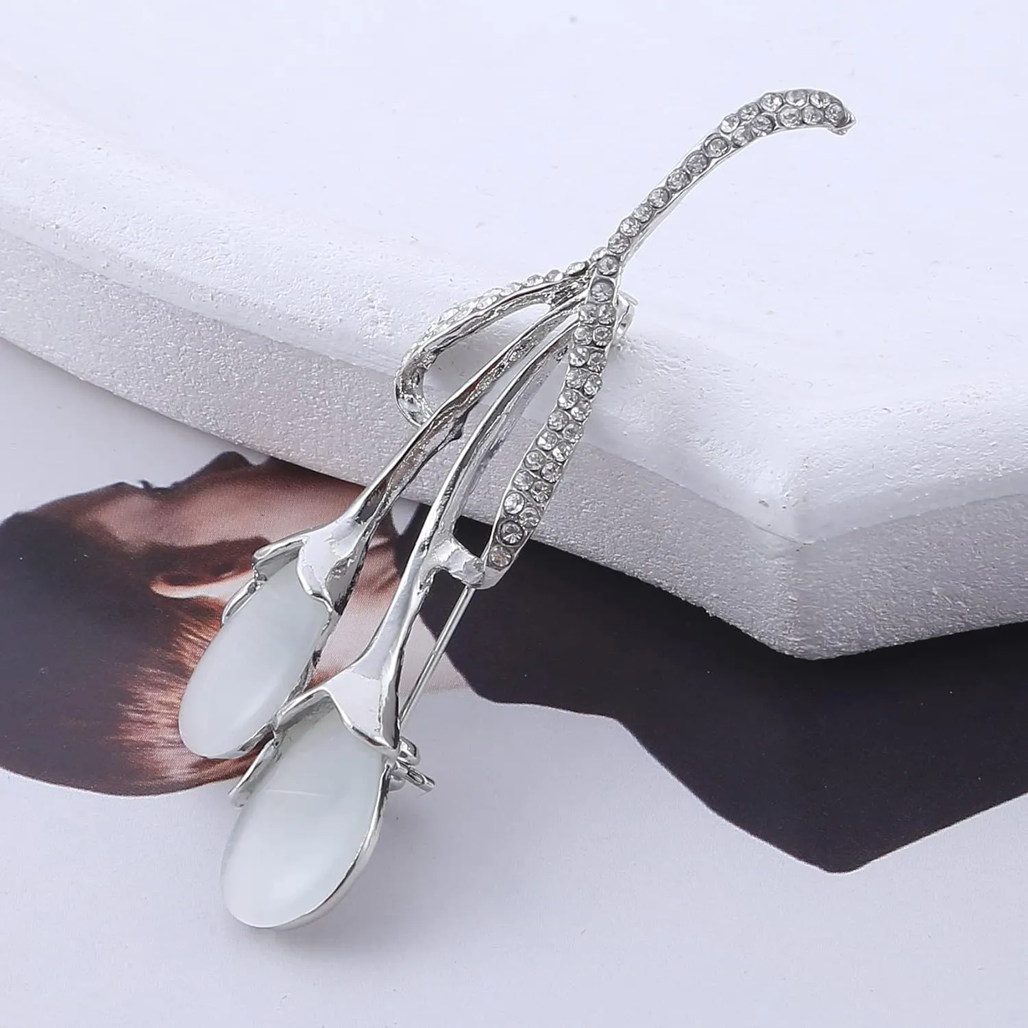 Guoshang Women Rose Gold Opal Calla Lily Brooch Pin Flower Opal Lapel Pin for Coats Jackets Sweaters Accessories,Silver,1 Pc