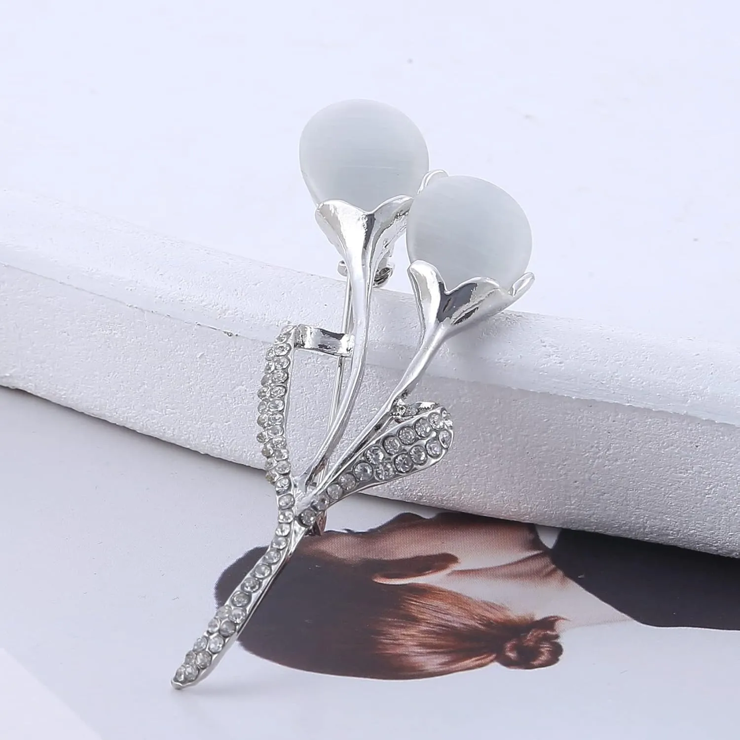 Guoshang Women Rose Gold Opal Calla Lily Brooch Pin Flower Opal Lapel Pin for Coats Jackets Sweaters Accessories,Silver,1 Pc