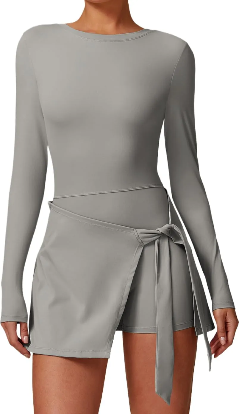 Haellun Womens Tennis Skort Dress Bodycon Tie Wrap Skirt Built in Shorts Golf Athletic Workout Rompers