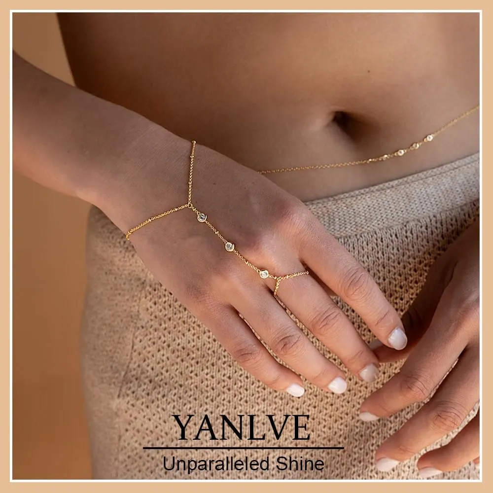 Hand Chain Bracelet 14K Plated Gold Bracelet Stack Finger Ring for Women Adjustable Rhinestone Ring Bracelet Hand Chain for Women Trendy Jewelry Non Tarnish Gold Ring Hand Bracelet