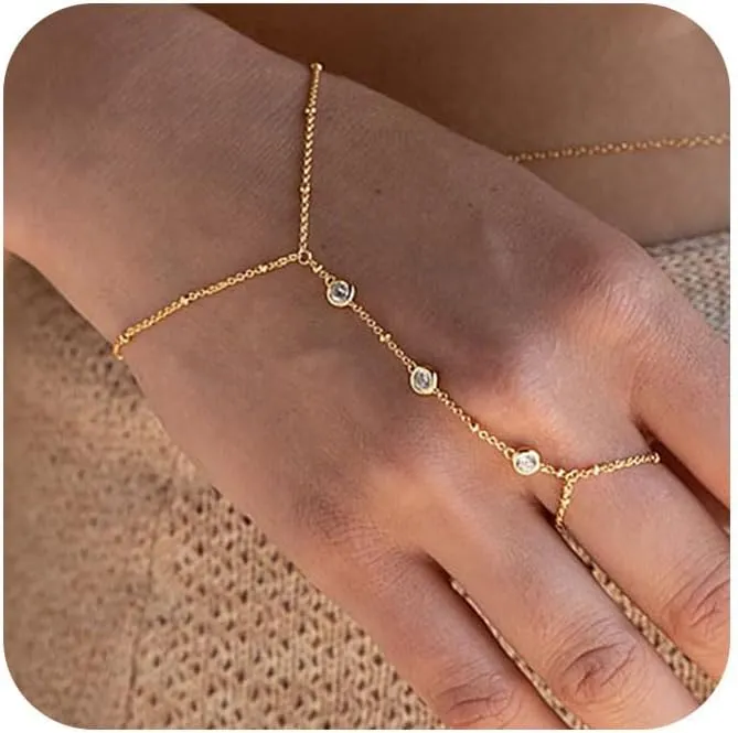 Hand Chain Bracelet 14K Plated Gold Bracelet Stack Finger Ring for Women Adjustable Rhinestone Ring Bracelet Hand Chain for Women Trendy Jewelry Non Tarnish Gold Ring Hand Bracelet