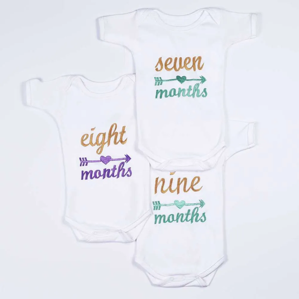 Hand Embroidered Milestone Romper Set of 12 - Cupid