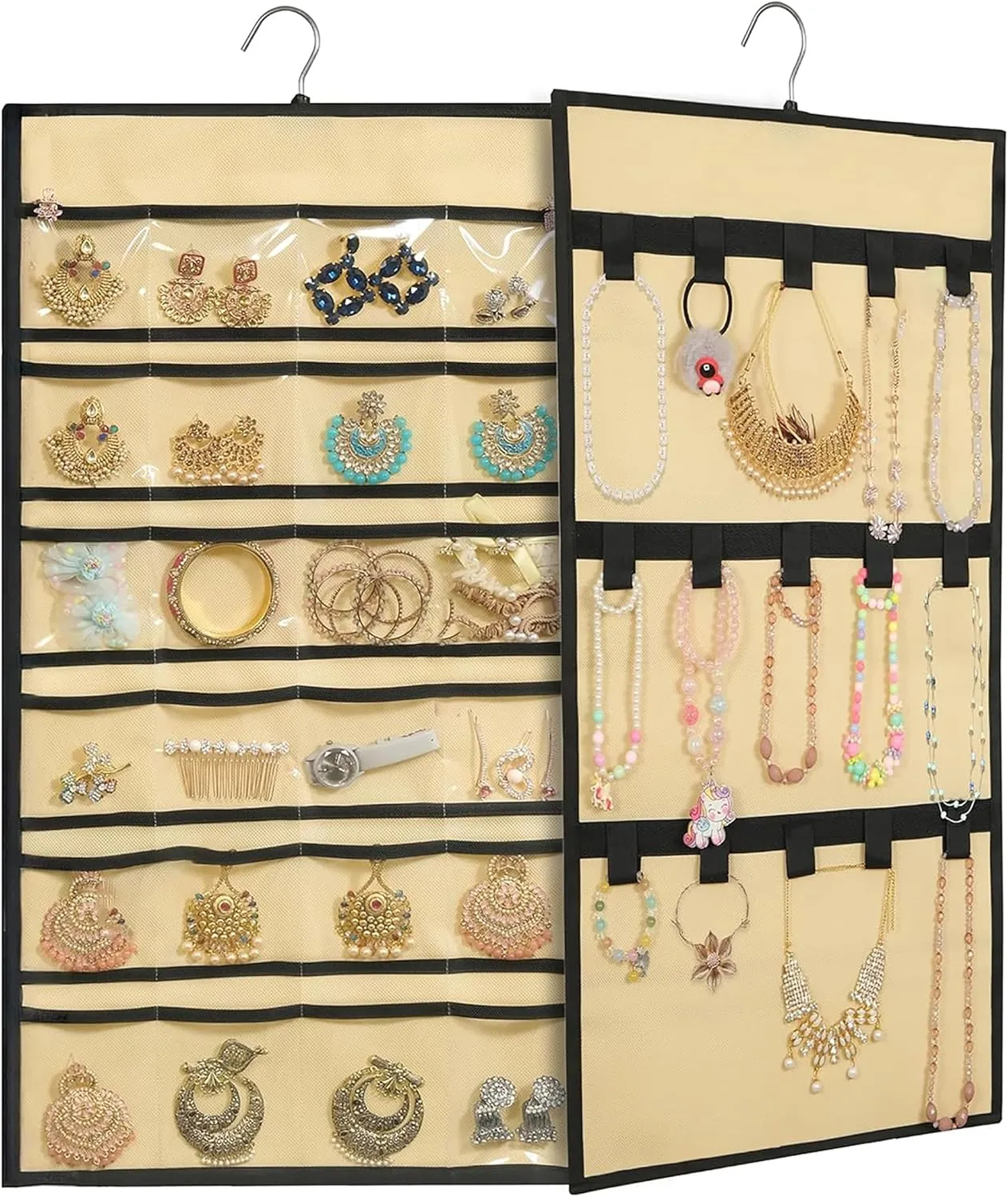 Hanging Jewelry Organizer Storage Roll with Hanger Metal Hooks Double-Sided Jewelry Holder for Earrings, Necklaces, Rings on Closet, Wall, Door, Large, Ivory (1 Piece)