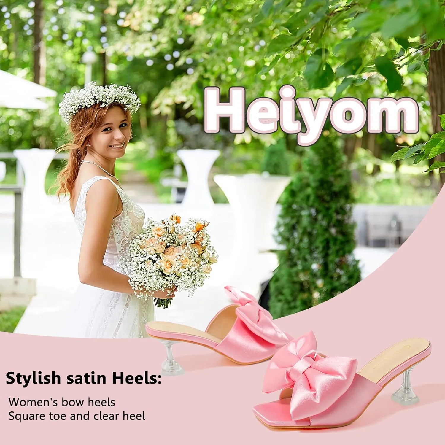 Heiyom Women's Bow Clear Heels Slippers Dress Sandals Square Toe Stiletto Mules Slip on Wedding Prom Shoes