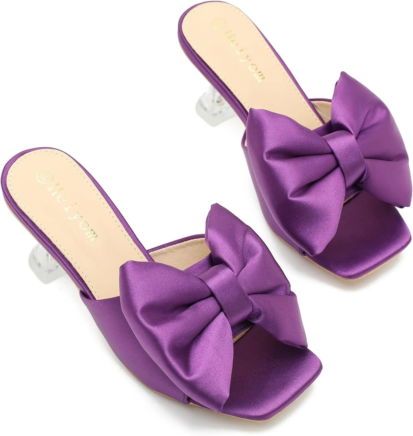 Heiyom Women's Bow Clear Heels Slippers Dress Sandals Square Toe Stiletto Mules Slip on Wedding Prom Shoes