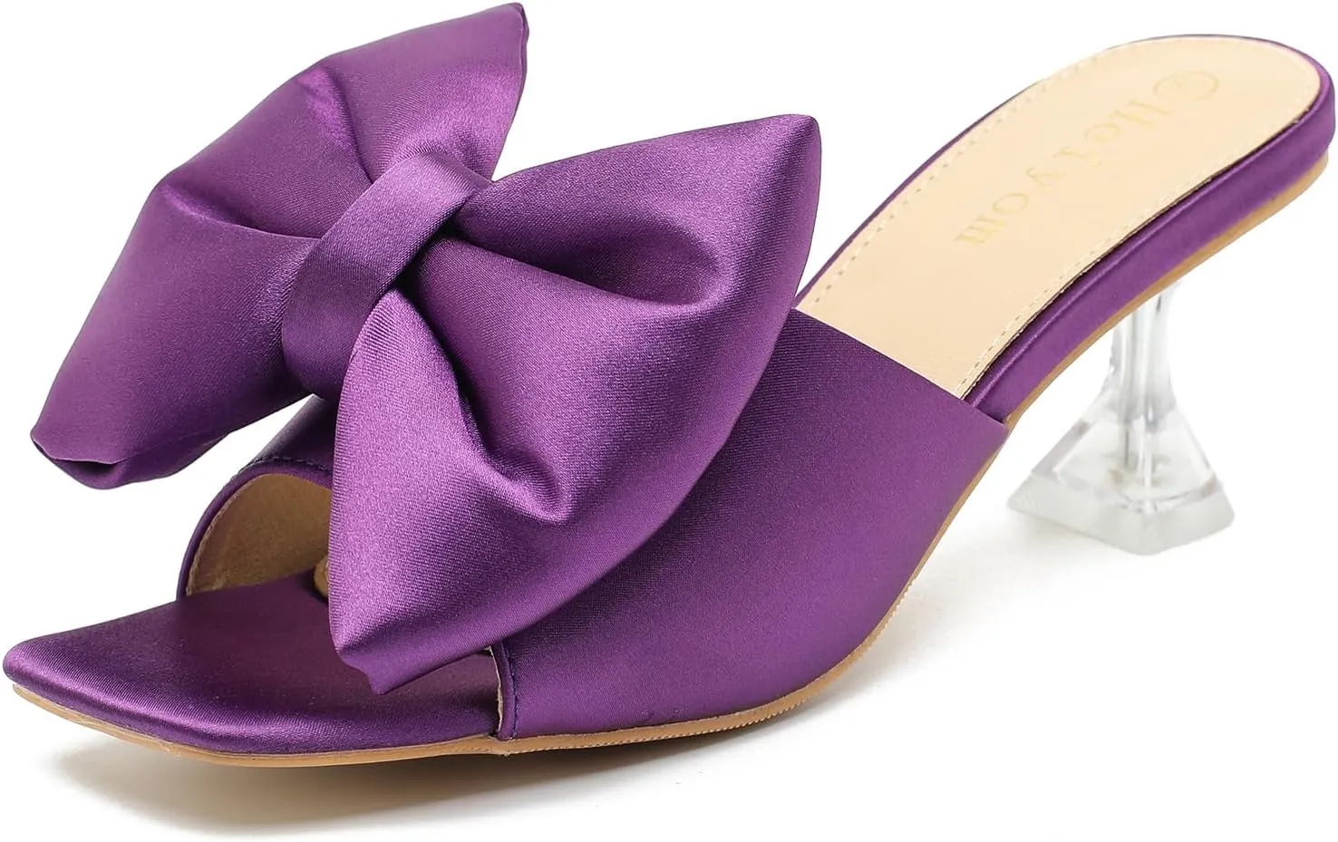 Heiyom Women's Bow Clear Heels Slippers Dress Sandals Square Toe Stiletto Mules Slip on Wedding Prom Shoes