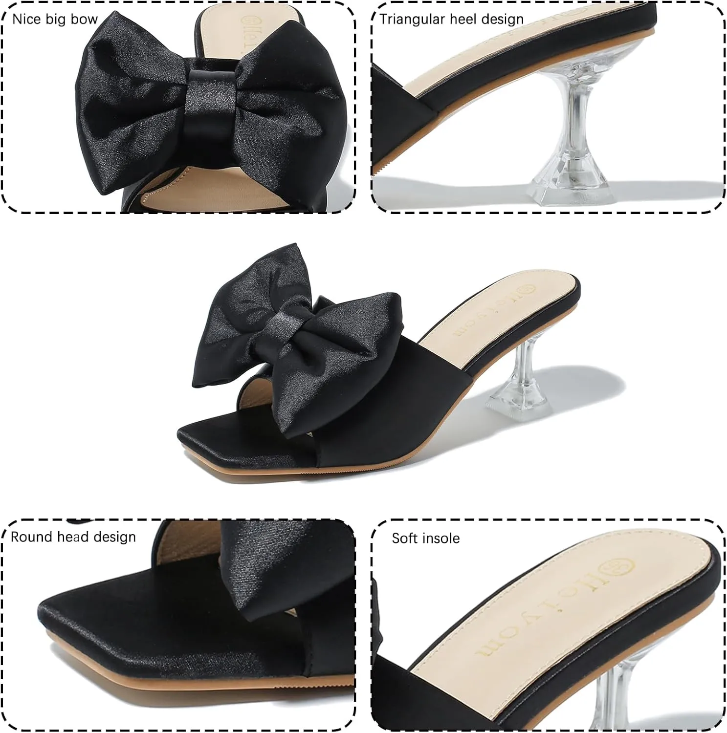 Heiyom Women's Bow Clear Heels Slippers Dress Sandals Square Toe Stiletto Mules Slip on Wedding Prom Shoes