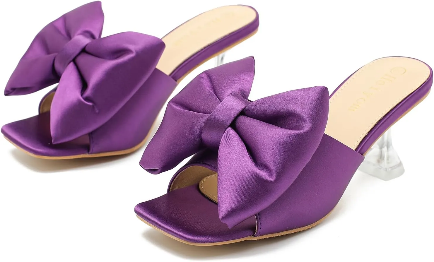 Heiyom Women's Bow Clear Heels Slippers Dress Sandals Square Toe Stiletto Mules Slip on Wedding Prom Shoes
