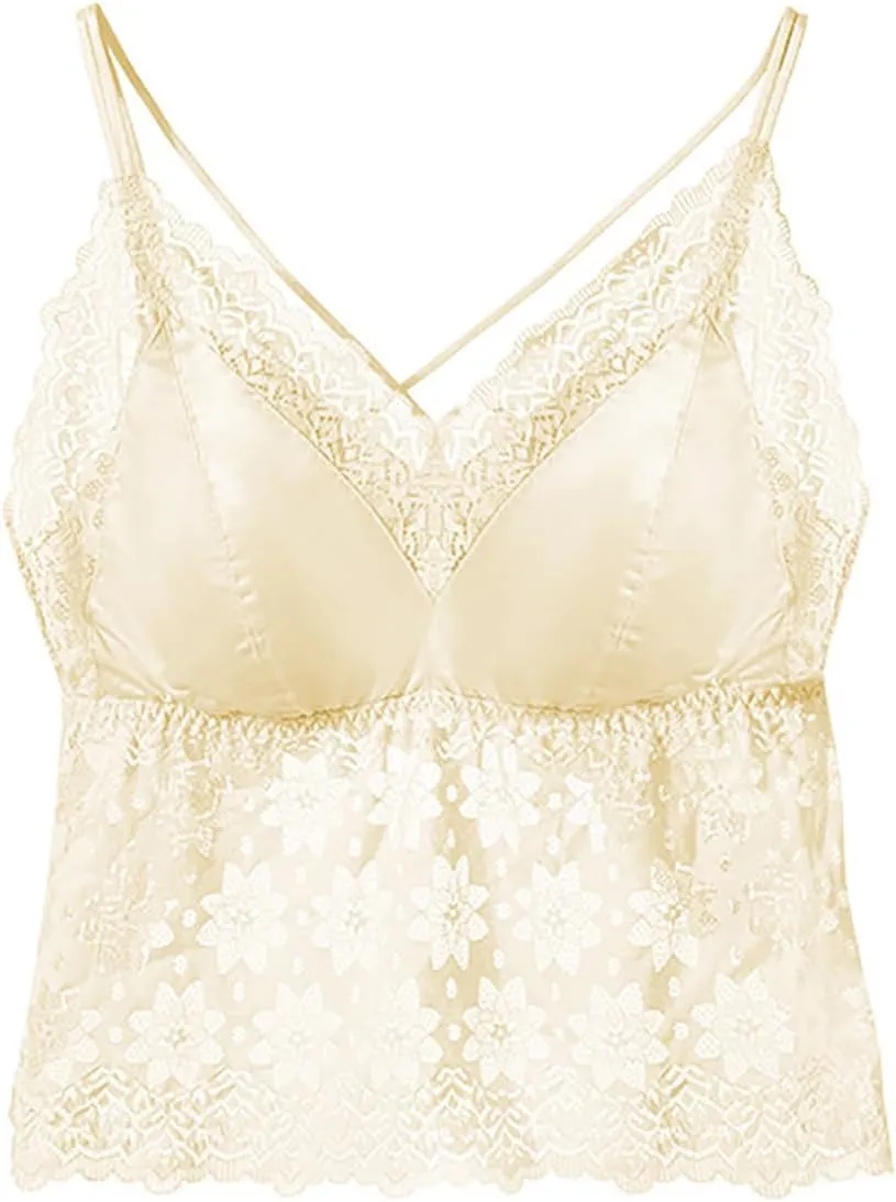 HGps8w Sexy Lace Camisole for Women with Detachable Built in Bra V Neck Spaghetti Strap Wireless Bralette Crop Tank Tops