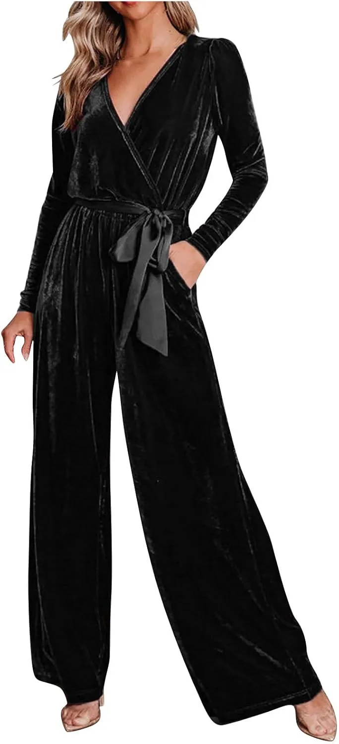 HGps8w Women's Dressy Velvet Jumpsuits 2025 Elegant Wrap V Neck High Waisted Wide Leg Formal Pantsuits Rompers with Pockets