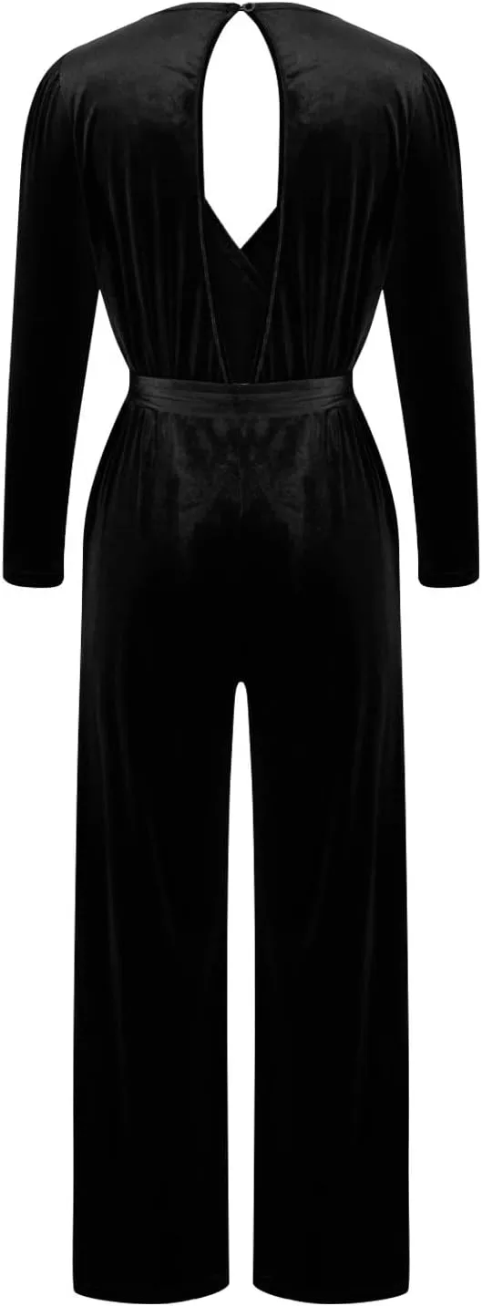 HGps8w Women's Dressy Velvet Jumpsuits 2025 Elegant Wrap V Neck High Waisted Wide Leg Formal Pantsuits Rompers with Pockets