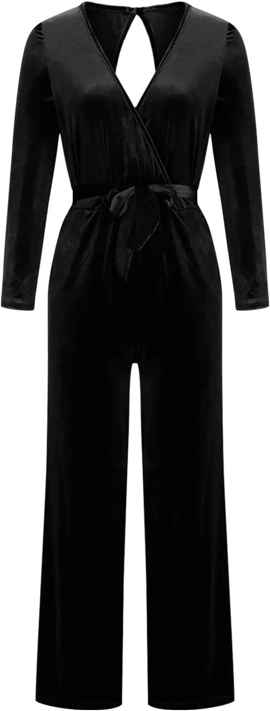 HGps8w Women's Dressy Velvet Jumpsuits 2025 Elegant Wrap V Neck High Waisted Wide Leg Formal Pantsuits Rompers with Pockets