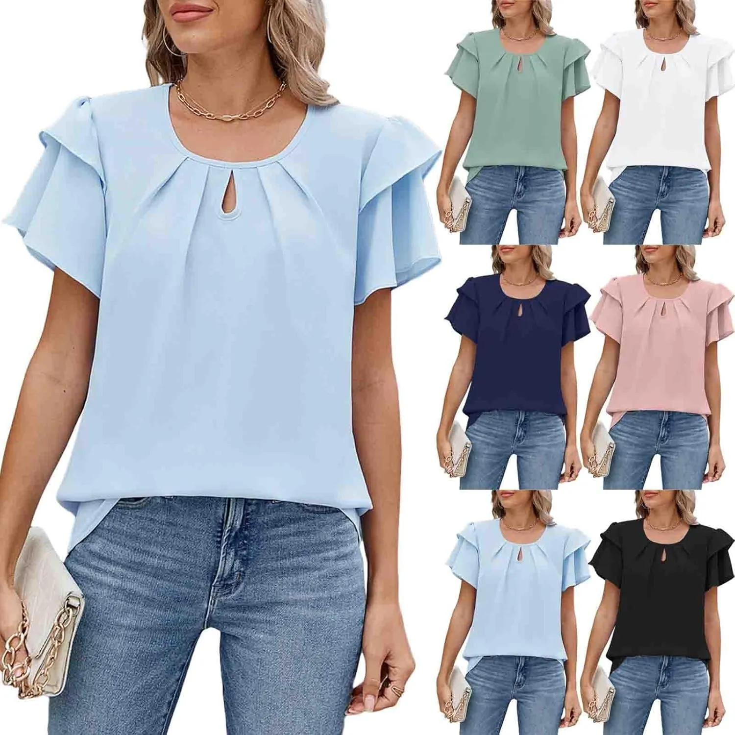 HGps8w Women's Flutter Sleeve Chiffon Work Blouse Dressy Casual Keyhole Office Shirts Elegant Ladies Pleated Business Tops