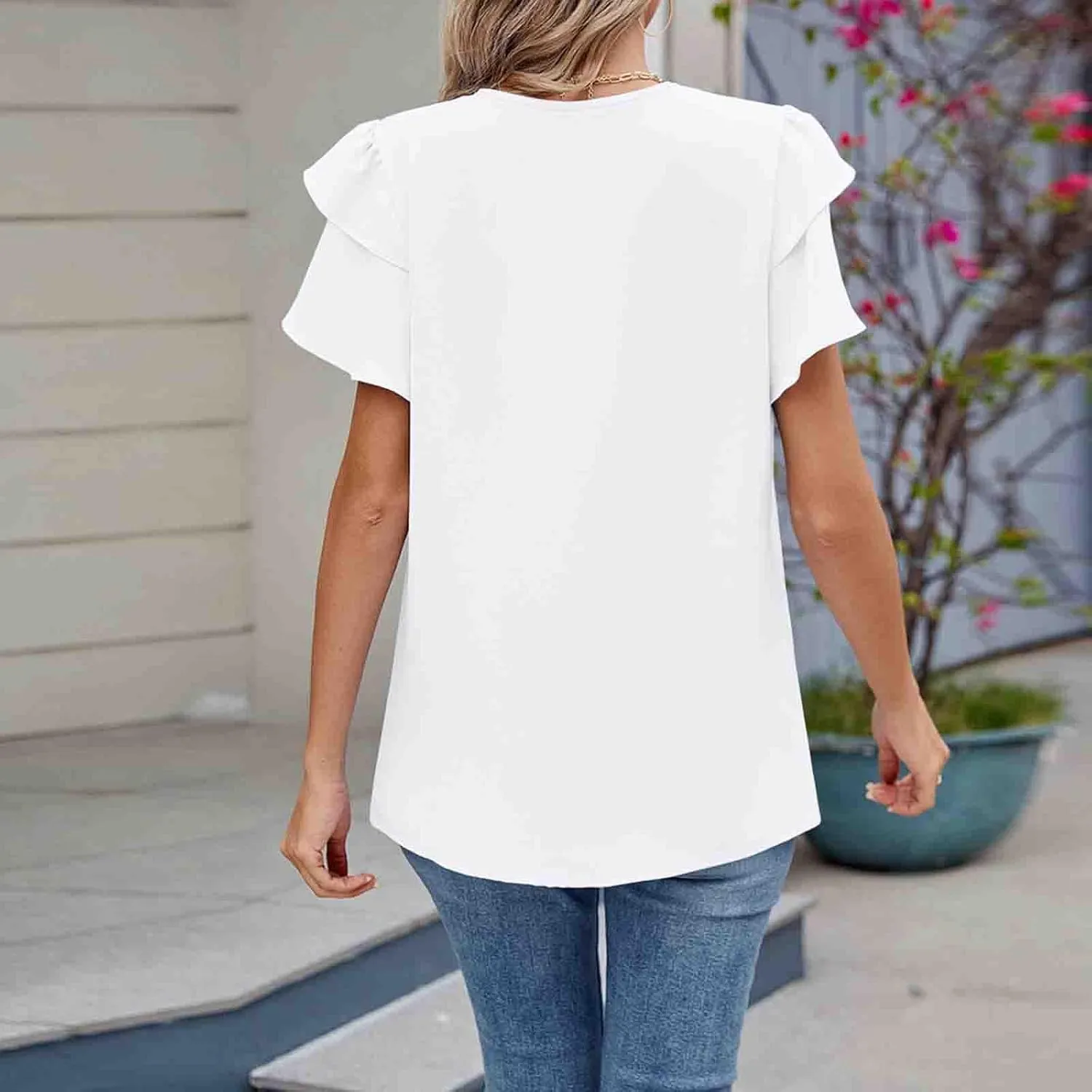 HGps8w Women's Flutter Sleeve Chiffon Work Blouse Dressy Casual Keyhole Office Shirts Elegant Ladies Pleated Business Tops