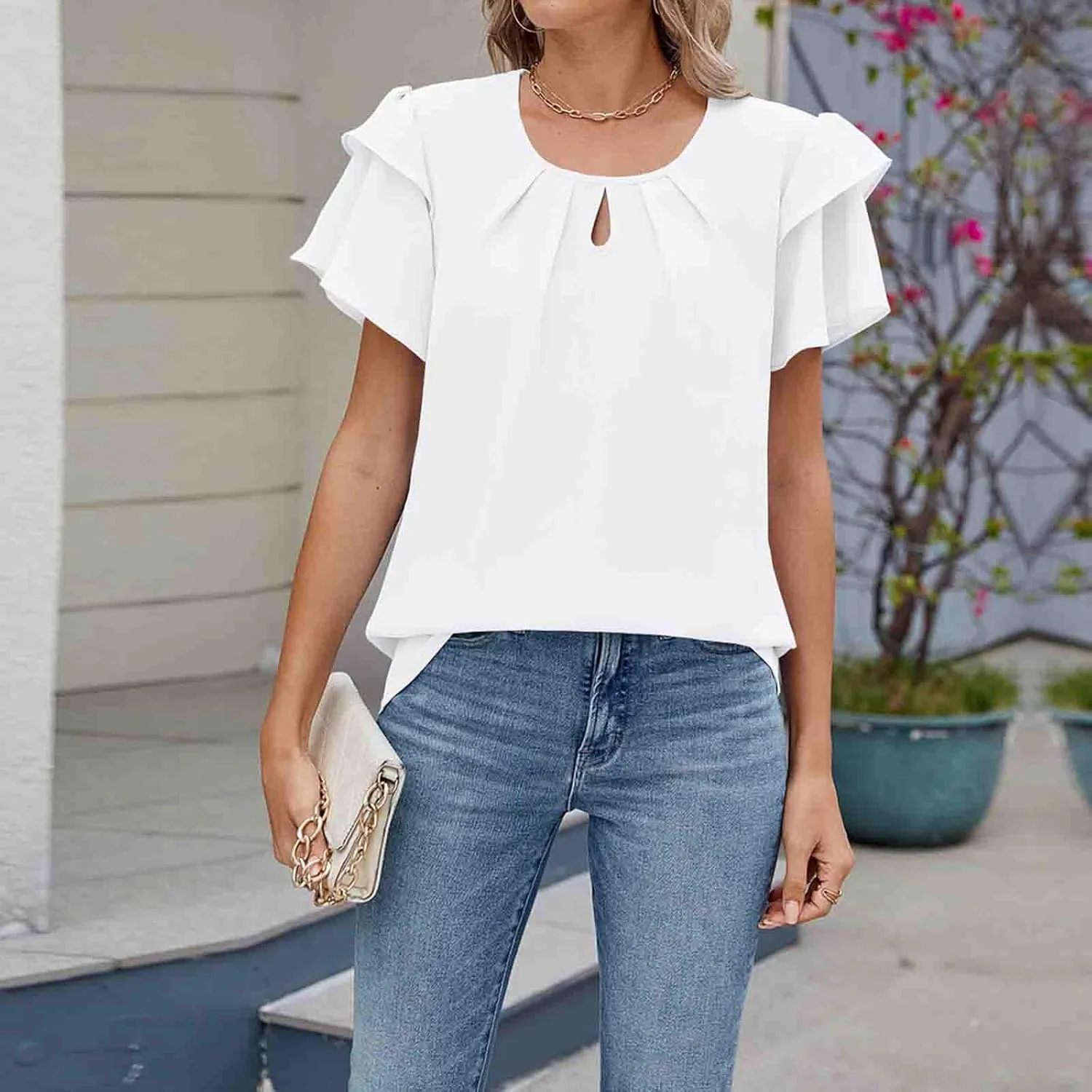 HGps8w Women's Flutter Sleeve Chiffon Work Blouse Dressy Casual Keyhole Office Shirts Elegant Ladies Pleated Business Tops