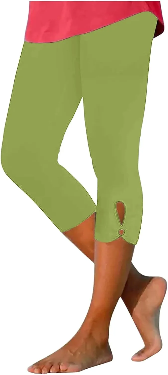 High Waist Yoga Leggings for Women Tummy Control Capri Pants Solid Color Workout Running Pants Gym Stretch Joggers