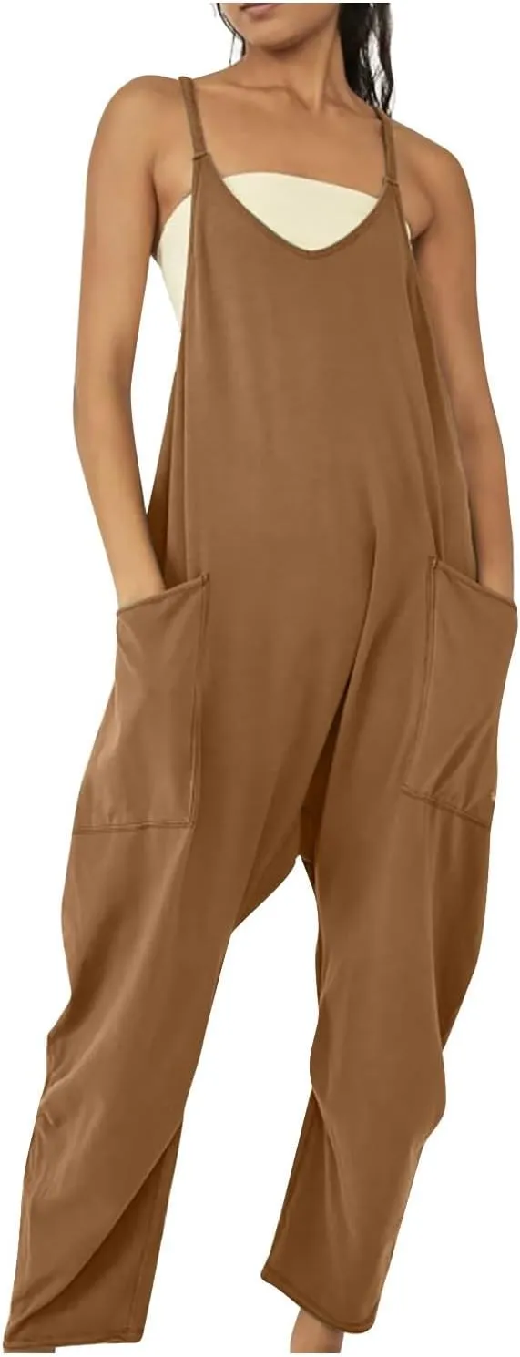 hlysgo Jumpsuits For Women Dressy Casual Loose Sleeveless Spaghetti Strap Rompers Overalls With Pockets 2025 Summer Outfits