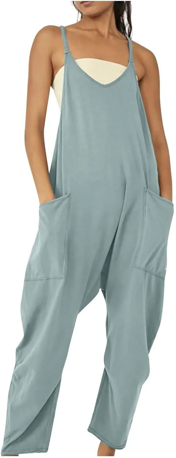 hlysgo Jumpsuits For Women Dressy Casual Loose Sleeveless Spaghetti Strap Rompers Overalls With Pockets 2025 Summer Outfits