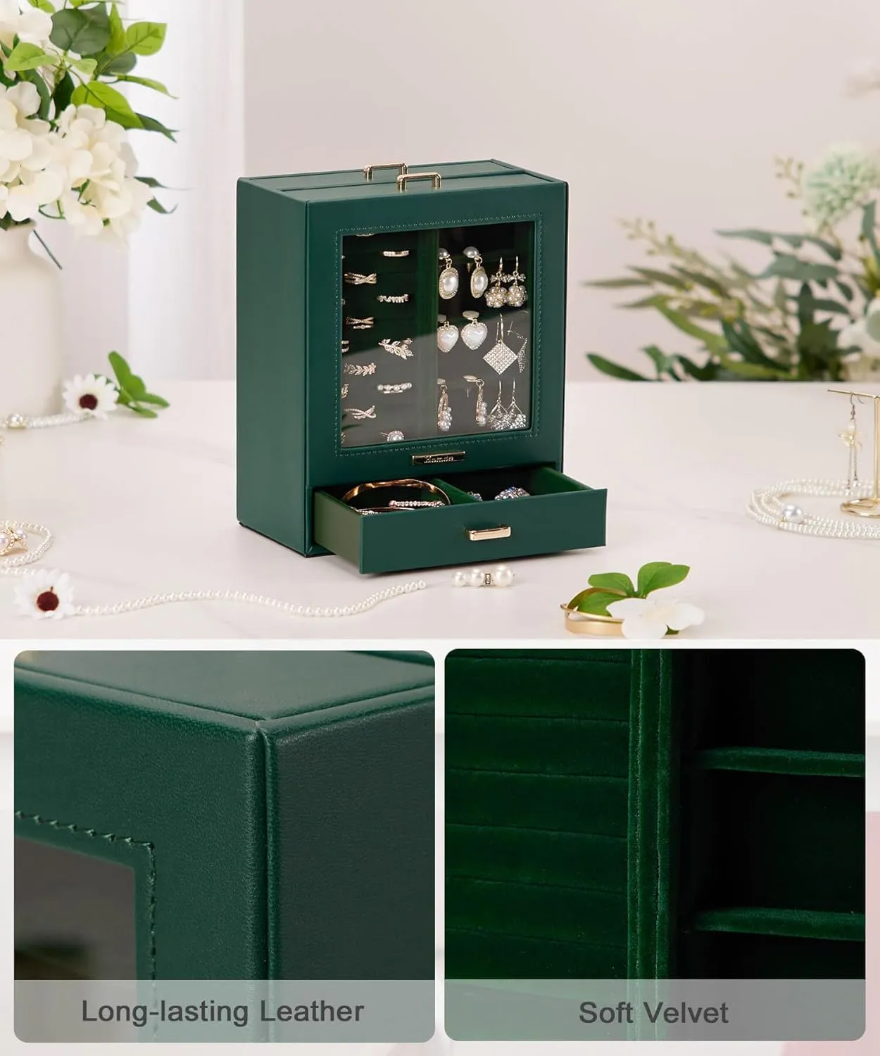 Homde Jewelry Organizer Girls Women Jewelry Box for Necklaces Rings Earrings Gift Bracelets Storage Case (Forest Green   Gold)