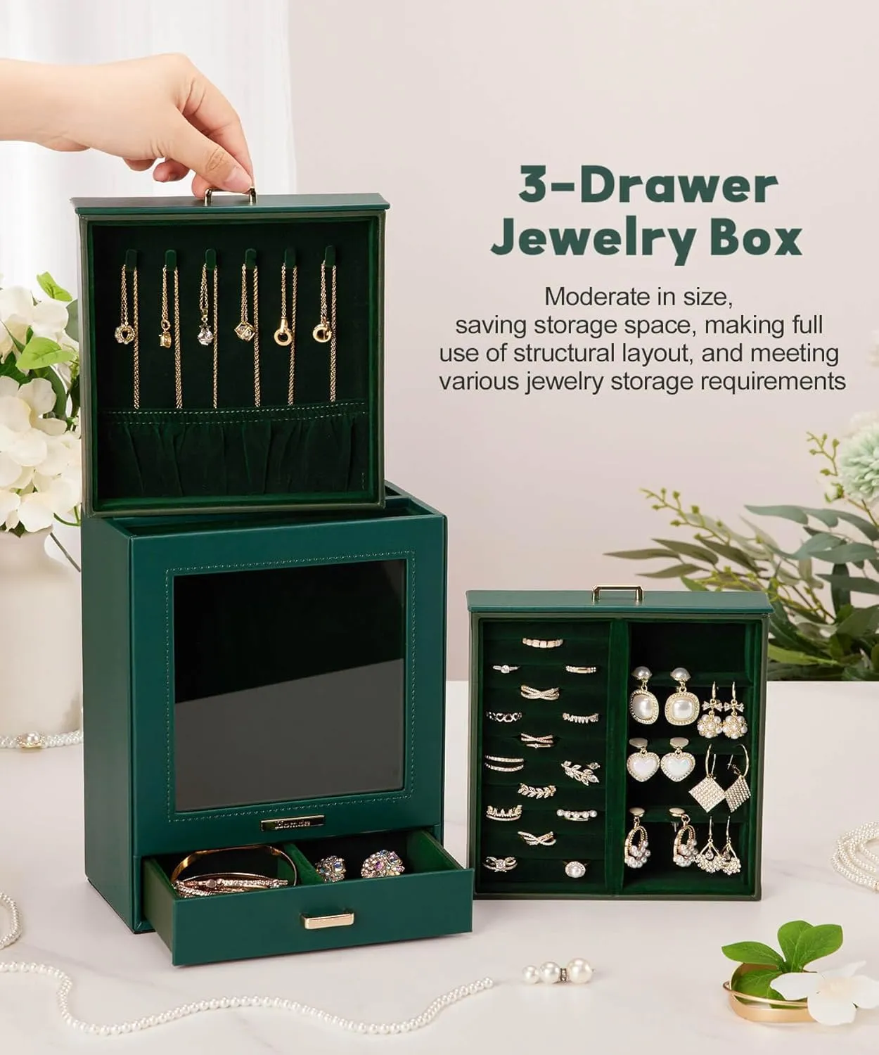 Homde Jewelry Organizer Girls Women Jewelry Box for Necklaces Rings Earrings Gift Bracelets Storage Case (Forest Green   Gold)