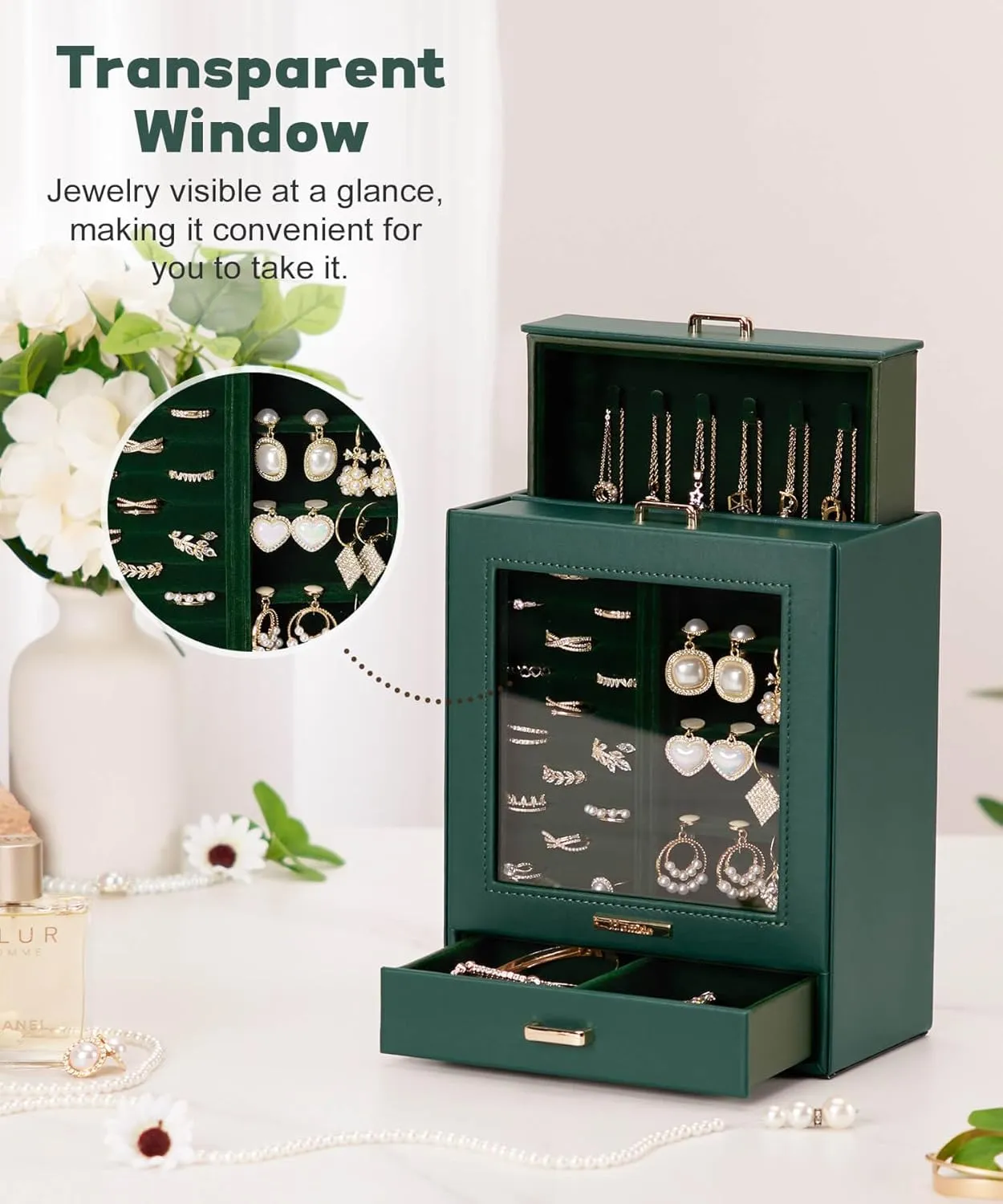 Homde Jewelry Organizer Girls Women Jewelry Box for Necklaces Rings Earrings Gift Bracelets Storage Case (Forest Green   Gold)