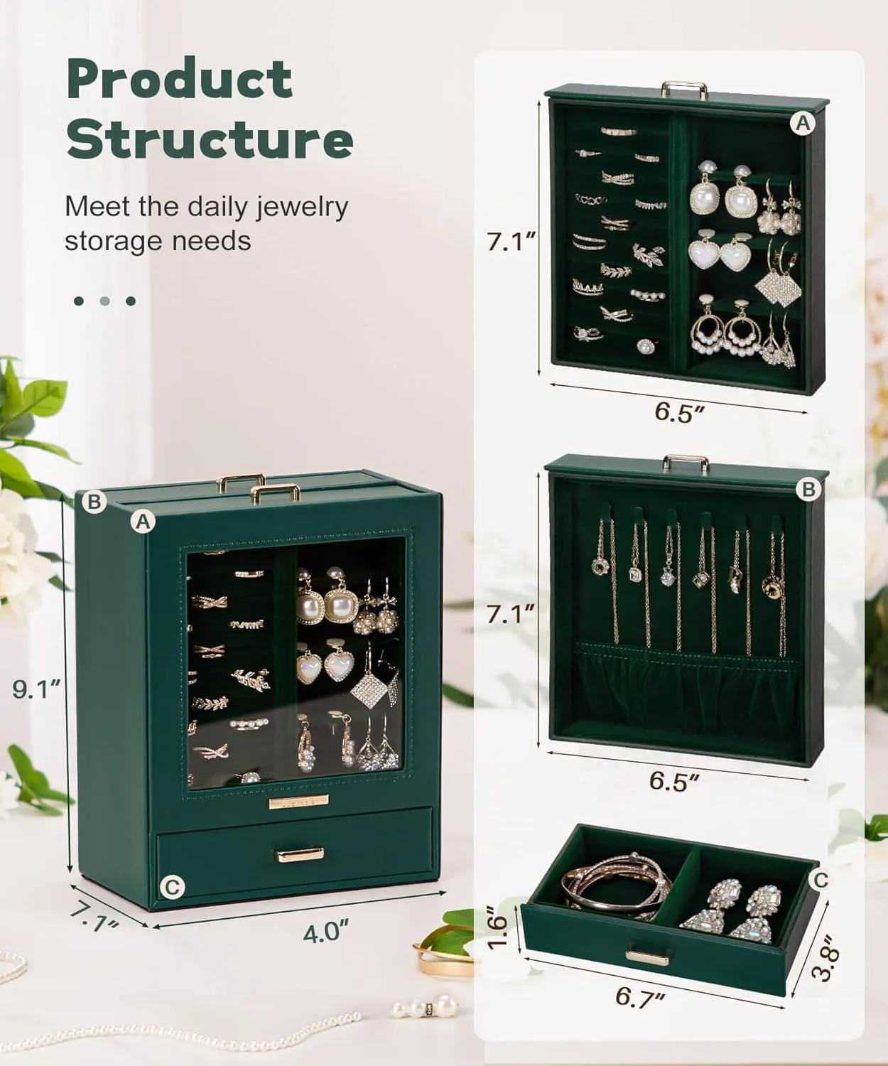 Homde Jewelry Organizer Girls Women Jewelry Box for Necklaces Rings Earrings Gift Bracelets Storage Case (Forest Green   Gold)