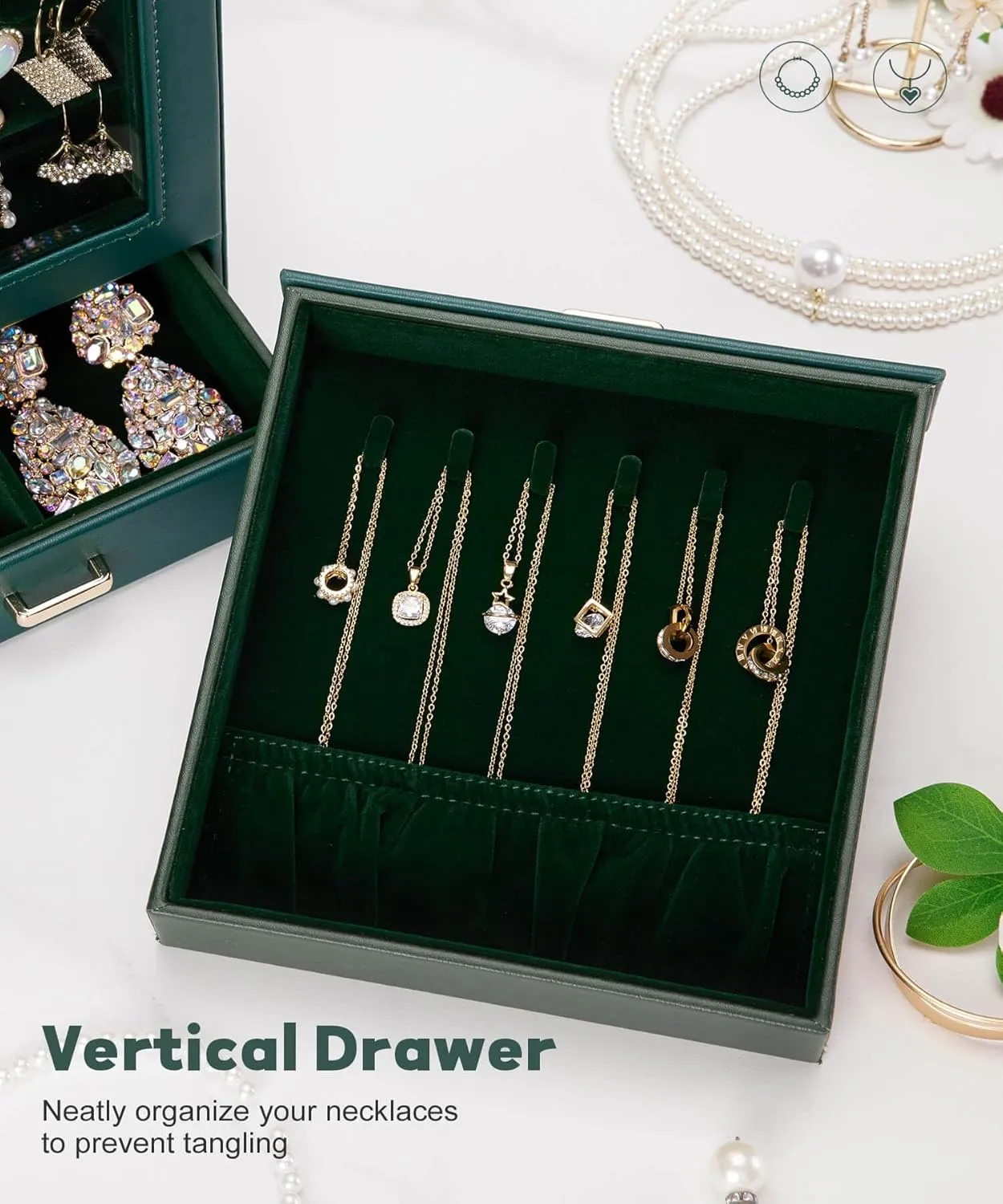 Homde Jewelry Organizer Girls Women Jewelry Box for Necklaces Rings Earrings Gift Bracelets Storage Case (Forest Green   Gold)