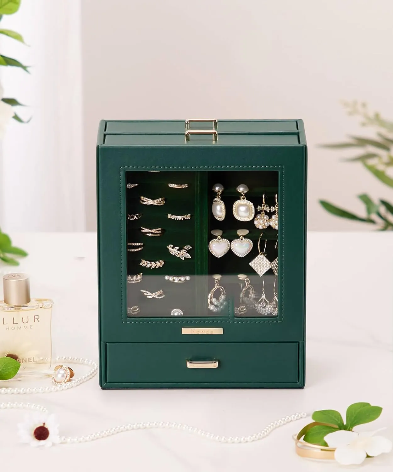 Homde Jewelry Organizer Girls Women Jewelry Box for Necklaces Rings Earrings Gift Bracelets Storage Case (Forest Green   Gold)