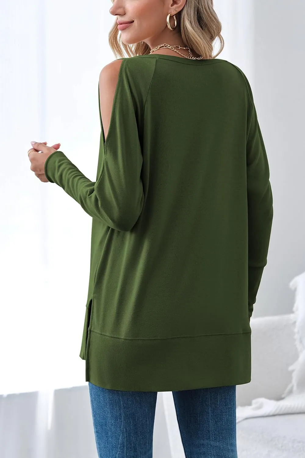 Hongqizo Women's Cold Shoulder Long Sleeve Sweatshirt Casual Crew Neck Side Split Loose Pullover Tops Blouses