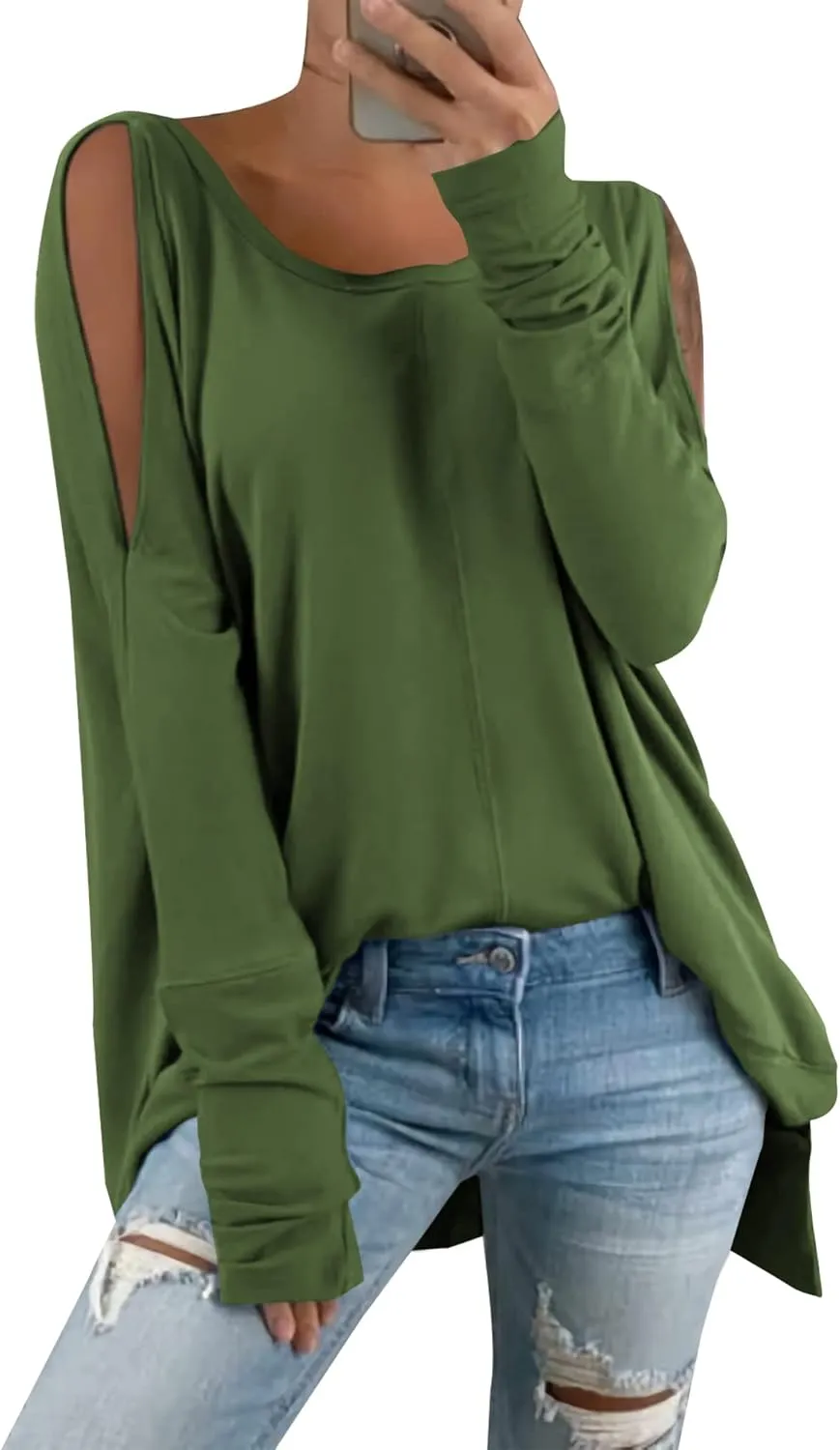 Hongqizo Women's Cold Shoulder Long Sleeve Sweatshirt Casual Crew Neck Side Split Loose Pullover Tops Blouses