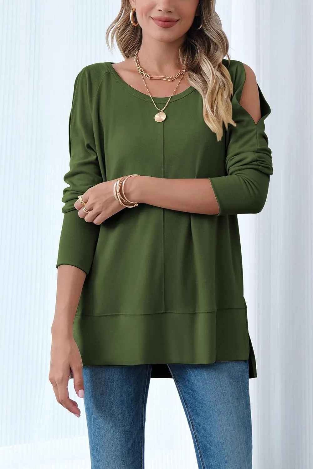 Hongqizo Women's Cold Shoulder Long Sleeve Sweatshirt Casual Crew Neck Side Split Loose Pullover Tops Blouses