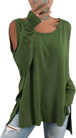 Hongqizo Women's Cold Shoulder Long Sleeve Sweatshirt Casual Crew Neck Side Split Loose Pullover Tops Blouses