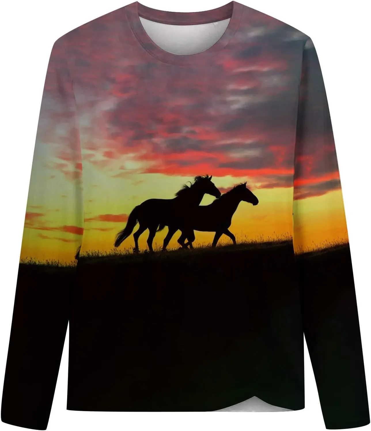 Horses T Shirt Women Funny Graphic Tees Long Sleeve Crew Neck Shirts Casual Loose Fit Blouses Horse Lover T-Shirt Gift